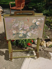 VINTAGE MCM RETRO SET OF 4 FOLDING TV TRAYS W/ STAND BUTTERFLIES FLOWERS SIGNED picture