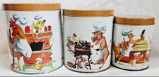 Vtg Whimsical Tin 3 Pc Nesting Canister Set Rare Cartoon-Style Farm Animal Illus picture