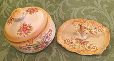Antique Crown Ducal Ware 'Louis' Vanity Set Blush Ivory Ring Tree & Jar/Lid 1920 picture