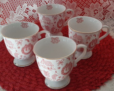 4 Grace Teaware Christmas Pink Bow Porcelain Footed Mugs Wreath Candy Canes Bell picture