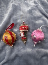 Vtg Beaded Christmas Ornament Push Pin Satin Lot Hot Air Balloon Red Gold Pink picture