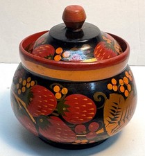 Vtg Russian Folk Art Khokhloma Sugar Bowl Handmade Hand Painted picture