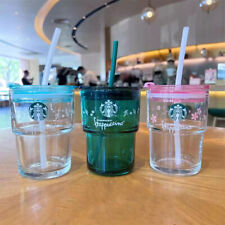 Starbucks Small Green 375ml Glass Straw Cup Milk Coffee Cup Tumbler Pink Sakura picture