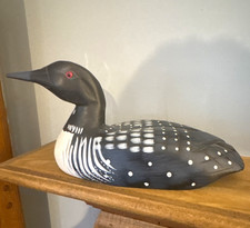 Hand Painted Wood Loon Bird Figurine Black & White with Red Eye picture