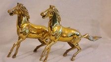 Vintage Polished Brass Pair of Running Horse Figurines Approx 6x8  picture