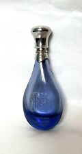 Vintage Etched Perfume Bottle Blue Glass Silver Screw Cap Indigo Cobalt picture