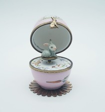 Plays Music French Limoges Trinket Box Pink Easter Egg with Bunny Rabbit Key picture