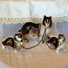 Collie Dog Family Ceramic 1950s Set with OG Chain Kitsch Mom & Puppies Figurine  picture