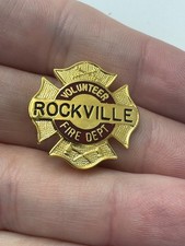 Vintage Rockville Volunteer Fire Department Maltese Cross Lapel Pin Gold Red picture