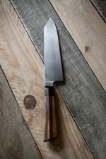 Hand-forged Japanese style chefs knife with 1080 steel, and two-tone wood handle picture