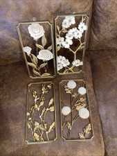 SET 4 VINTAGE SYROCO SEASONAL FLORAL WALL PLAQUES GOLD TONE Hollywood Regency picture