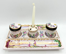 Antique Continental Porcelain Inkstand Desk Set Hand Painted Pastoral Scene picture