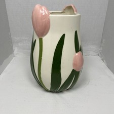 Large Vibrant Vintage White w/ Pink Tulip Flower Ceramic Vase  picture