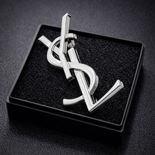 YSL Small Silver Brooch Hat Scarf Tie Collar Lapel Pin Saint Laurent Blazer picture