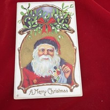 Beautiful Vtg Christmas Postcard Santa And Mistletoe Unused Embossed picture