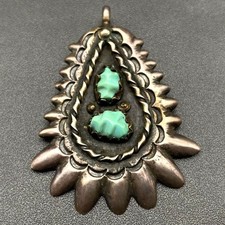 Vintage Navajo Native Turquoise Sandcast Hand Stampwork Silver Pendant picture