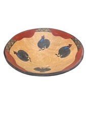 Lg Vintage, handmade, and hand-painted African Wooden Bowl, Guinea Fowl Motif picture