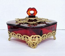 Vtg Paden City Red Glass Dish 3 Part Divided Ormolu Casket UV Glow Victorian  picture