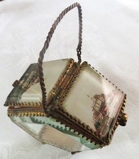 ANTIQUE GRAND TOUR SOUVENIR BASKET BOX BEVELED GLASS ORMOLU MONT ST MICHEL VGC picture