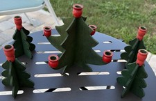 VTG Sweden wooden green 1- 6.25” & 4- 4.25”Christmas trees with red candle cups picture