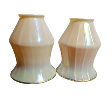 Antique Pair Of Quezal Art Glass Lampshades Cream W/Gold Iridescent Ribbed picture