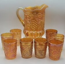 Northwood GRAPE & CABLE Carnival Glass Water Pitcher & 8 Imperial Tumblers picture