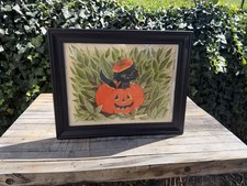 Vintage Hallmark Halloween Black Cat Pumpkin Spider Print 10x12 Framed picture