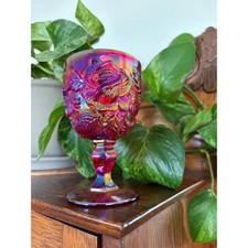 Vintage Fenton Ruby Red Madonna Inn Wild Rose Carnival Glass Goblet picture