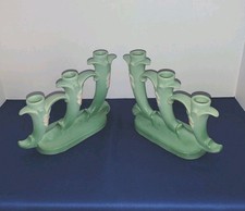 Weller Pair Of 3 Tier Candle Sticks Wild Rose In Gorgeous Sea Foam Green Vintage picture