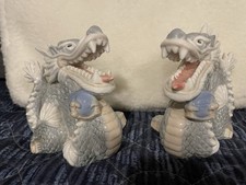 Vintage Yoshimi K Porcelain Foo Dragon Japan Light Blue Figurine Sphere Pair Set picture