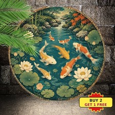 Asian Lotus Koi Round Tin Sign Japanese Style Pond Fish Metal Plaque picture