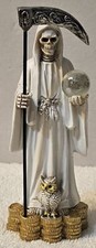 GRIM REAPER SANTA MUERTE OWL MONEY COIN BALL SCYTHE FANTASY FIGURINE STATUE #2 picture