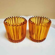 Indiana Glass Vtg Amber Crystal Heavy Ribbed  Glass Votive Candle-Set of 2 picture