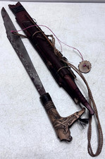 Antique Vintage Dayak Mandau Sword Knife Carved Hilt Wood Scabbard Borneo Dagger picture
