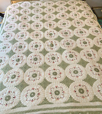 Vintage Handmade Crochet Lace Pink Green White Bed Coverlet Full Queen 82x74 picture