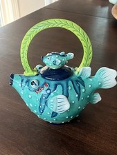 Vintage Blue Sky Clayworks Puffer Fish Ceramic Teapot By Jeanette McCall 2005 picture