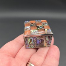 Vintage Abalone Shell and Copper Checkerboard Inlay Trinket Pill Box Mosaic picture