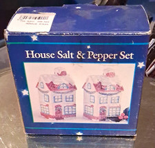 Vintage House Earthenware Salt & Pepper Shakers Set, Boxed White/Pink/Blue, 2pc picture