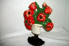ANTIQUE COTTAGECORE  Iron Hubley Poppies Door Stop Urn Original Chippy #440 picture