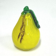 Vintage Hand Blown Yellow Glass Pear Paperweight Green Stem Leaf Art Glass picture