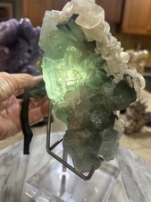 Natural green Flourite and calcite Freeform UV reactive on custom acrylic stand picture