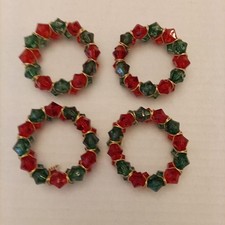 Vintage Artisan Made Gold Wire Wrapped Acrylic Red & Green Beaded Napkin Rings 4 picture