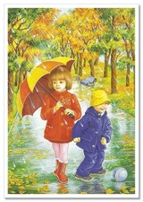 Children's fun Boy, Girl Seasons of the year Autumn ART NEW modern Postcard picture