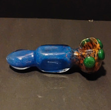 Blue Glass 5in Tobacco Hand Pipe w/ Brown Bowl, Green Dots, Blue Brown Green picture