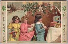 Vintage 1909 CHRISTMAS Embossed Postcard Children Playing with Toys