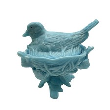 Vtg Westmoreland Robin Bird Dove On Nest Footed Bowl Dish & Lid Blue Milk Glass picture