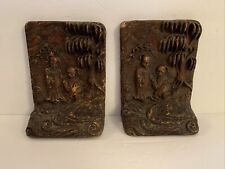 Chinese Buddhas Under Pine Tree Bookends 6.75” Tall RARE Vintage picture