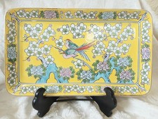 Vintage Asian Yellow Famille Porcelain Platter Rectangle Tray Blossoms Bird  picture