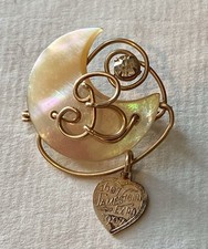 Antique 1907 Jamestown Exposition Souvenir Shell Moon Brooch Lords Prayer Dangle picture