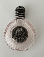 Holy Water Bottle-pink glass -pressed motif of Madonna-antique silver picture
